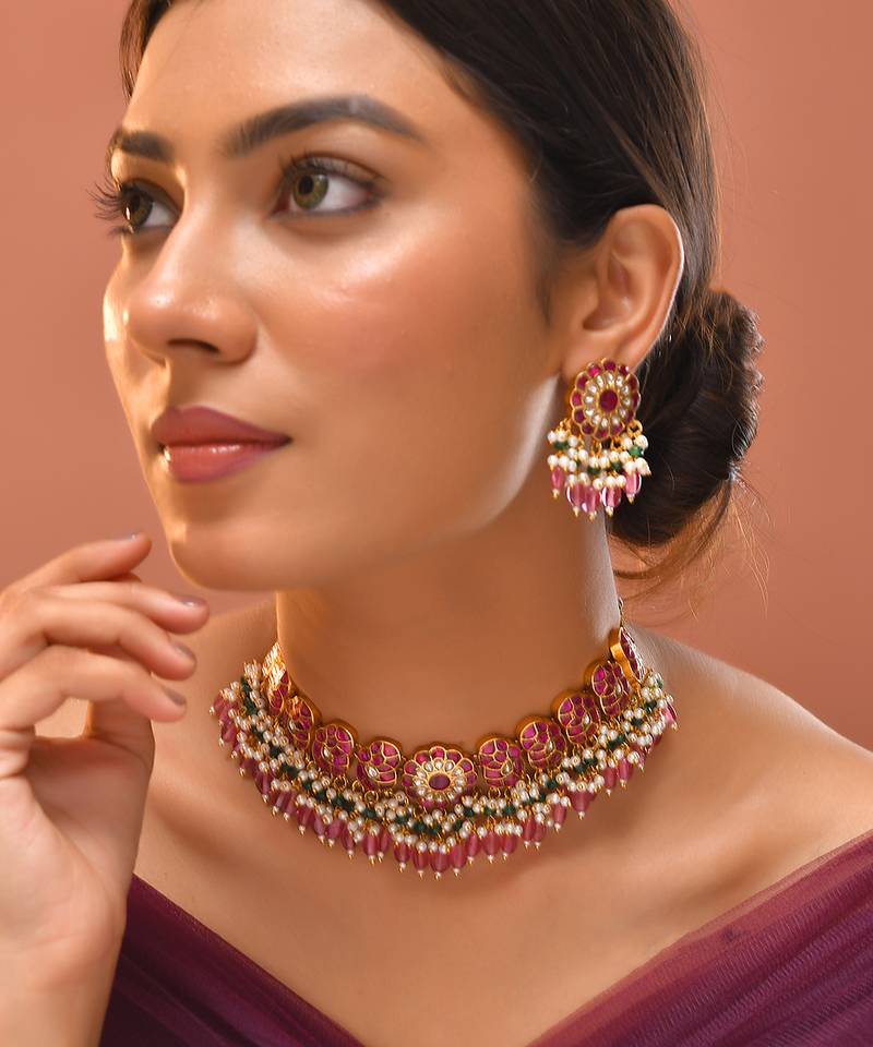 Gold plated kundan red stones necklace set
