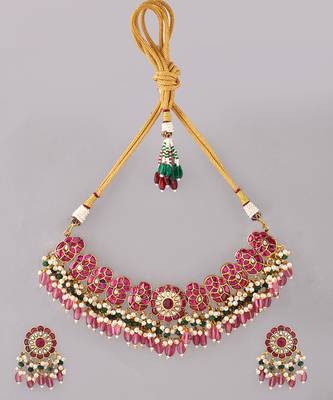 Gold plated kundan red stones necklace set 2