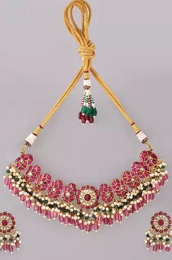 Gold plated kundan red stones necklace set