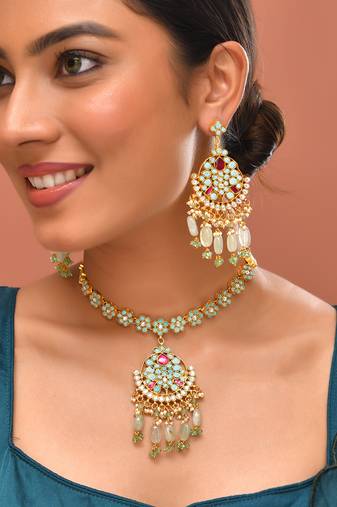 Gold plated kundan turquoise blue stones necklace set