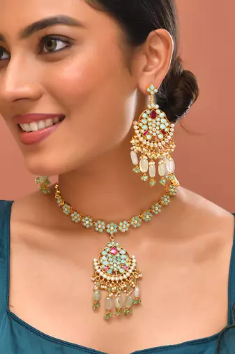 Gold plated kundan turquoise blue stones necklace set