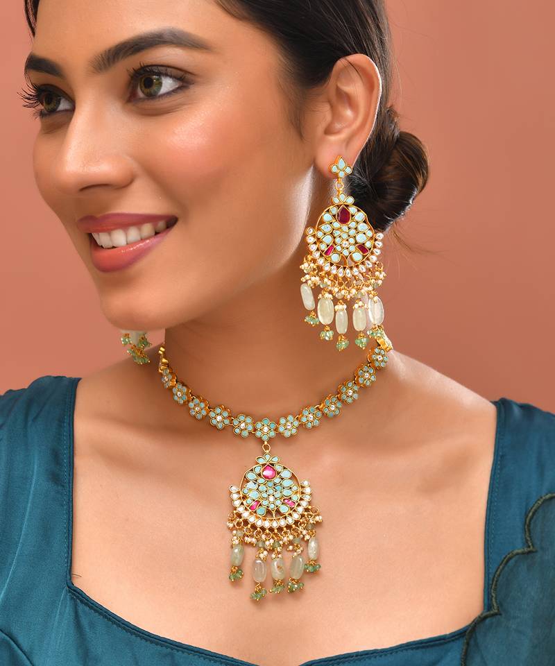 Gold plated kundan turquoise blue stones necklace set