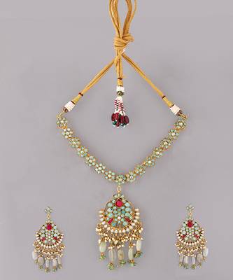 Gold plated kundan turquoise blue stones necklace set 2