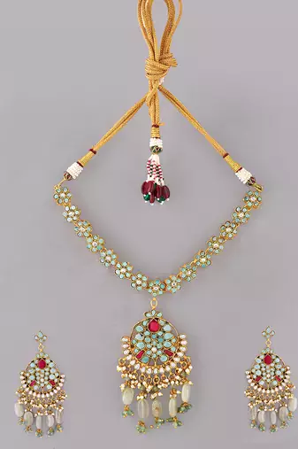 Gold plated kundan turquoise blue stones necklace set