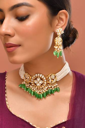 Gold plated kundan green stones choker set
