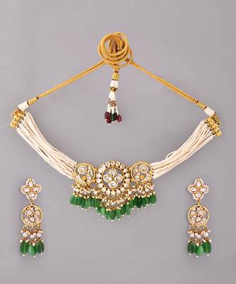 Gold plated kundan green stones choker set 2