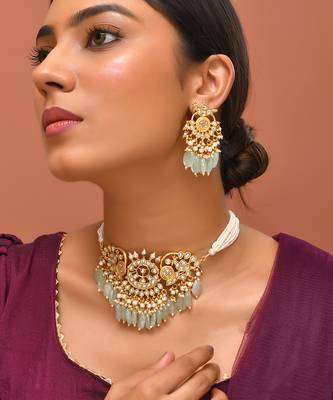Gold plated kundan green stones choker set 1