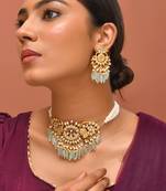 Gold plated kundan green stones choker set