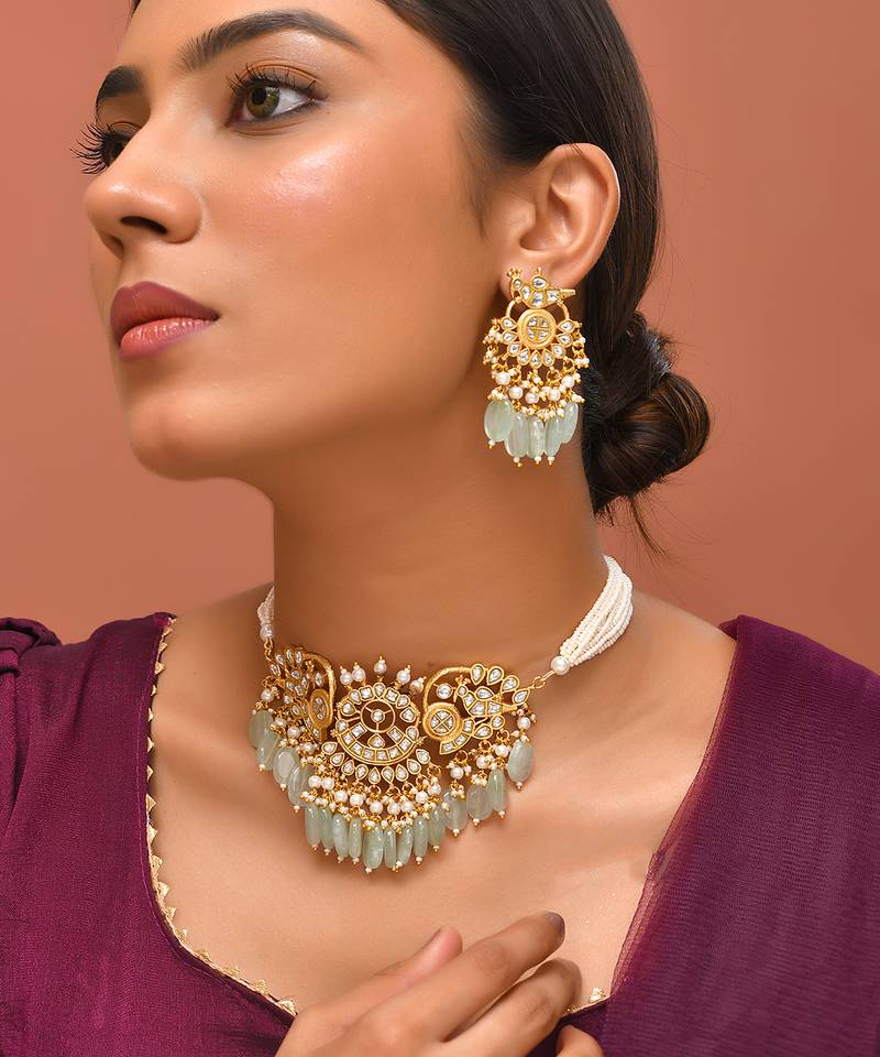 Gold plated kundan green stones choker set