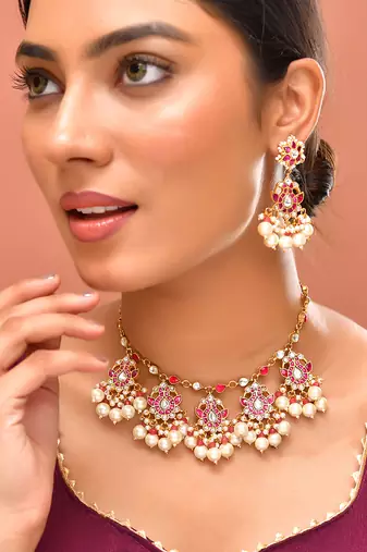 Gold plated kundan red stones necklace set