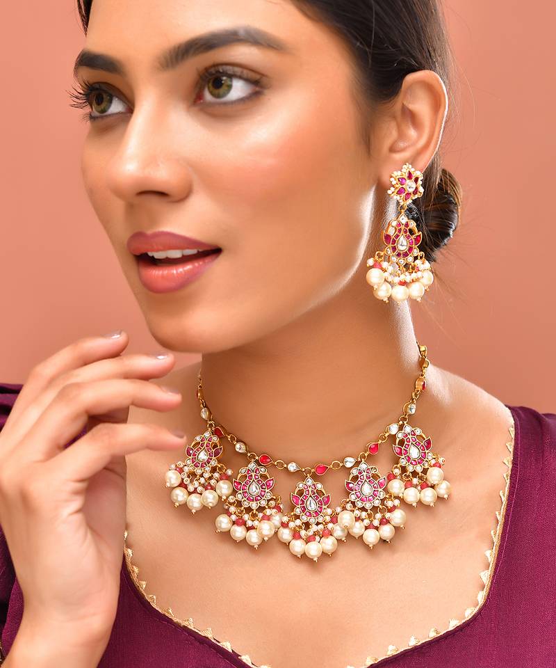 Gold plated kundan red stones necklace set
