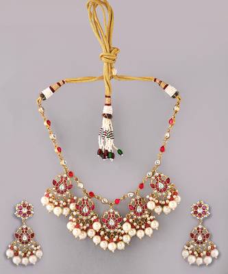 Gold plated kundan red stones necklace set 2
