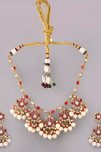 Gold plated kundan red stones necklace set