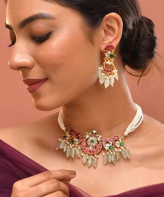 Gold plated kundan multicolor stones choker set 1