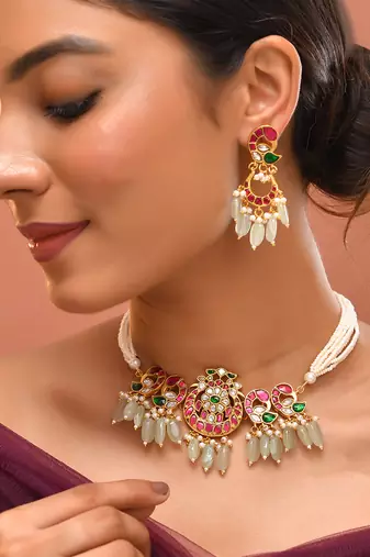 Gold plated kundan multicolor stones choker set