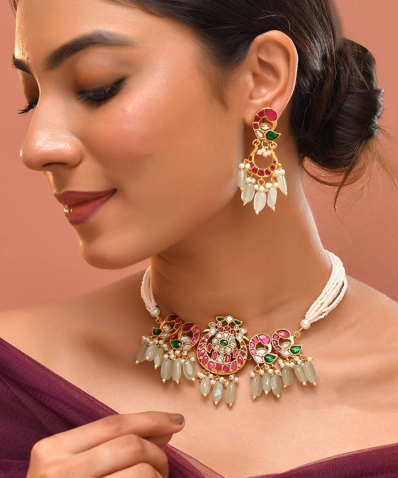 Gold plated kundan multicolor stones choker set