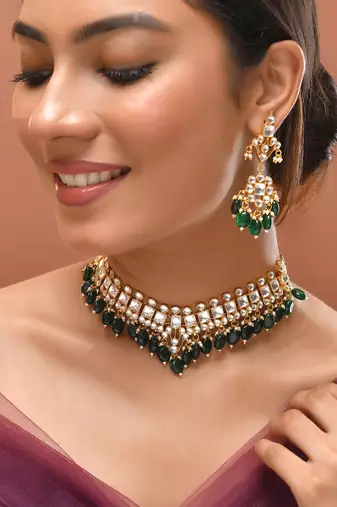 Gold plated kundan green stones necklace set