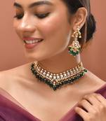 Gold plated kundan green stones necklace set