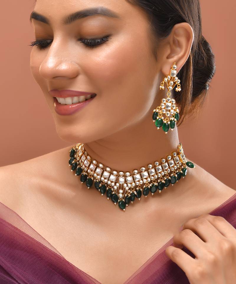 Gold plated kundan green stones necklace set