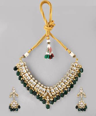 Gold plated kundan green stones necklace set 2