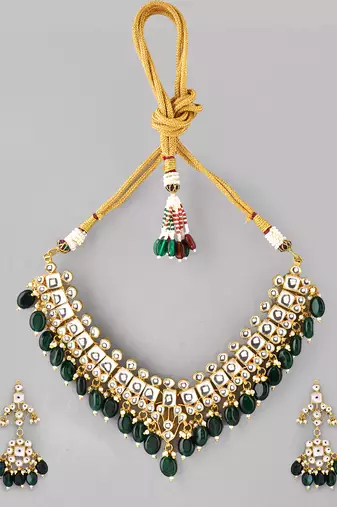 Gold plated kundan green stones necklace set
