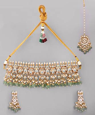 Gold plated kundan green stones choker set 2