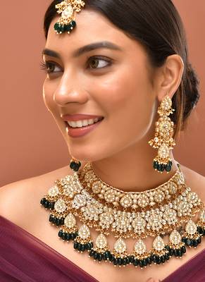 Gold plated kundan green stones necklace set 1