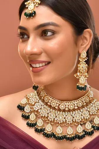 Gold plated kundan green stones necklace set