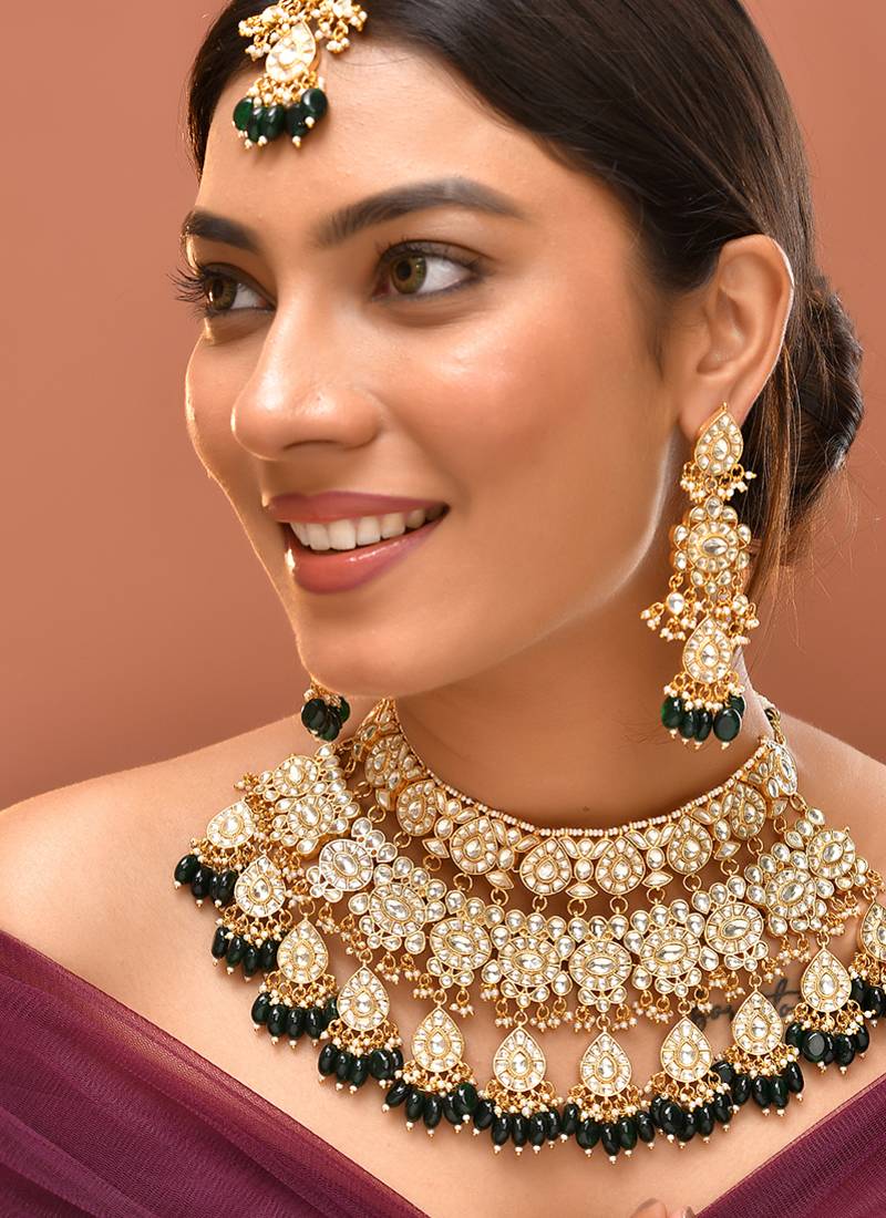 Gold plated kundan green stones necklace set