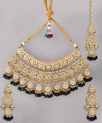 Gold plated kundan green stones necklace set 2