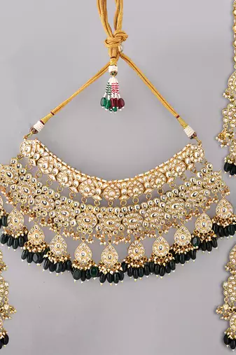 Gold plated kundan green stones necklace set