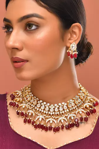Gold plated kundan red stones necklace set