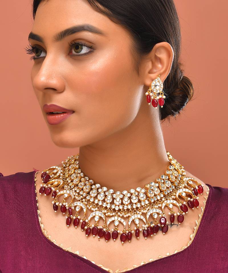 Gold plated kundan red stones necklace set