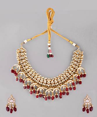 Gold plated kundan red stones necklace set 2