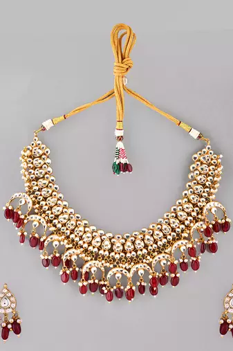 Gold plated kundan red stones necklace set