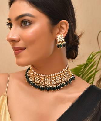 Gold plated kundan green stones choker set 1
