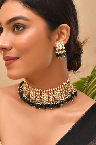 Gold plated kundan green stones choker set