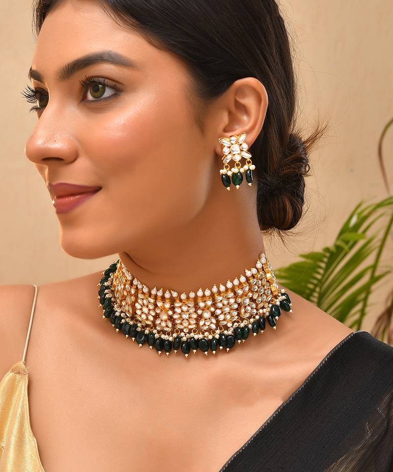 Gold plated kundan green stones choker set