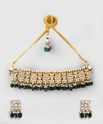 Gold plated kundan green stones choker set 2