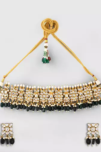 Gold plated kundan green stones choker set