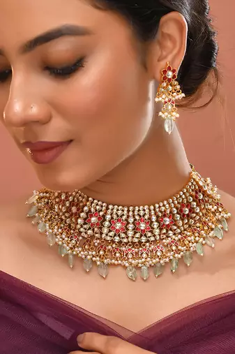 Gold plated kundan multicolor stones necklace set