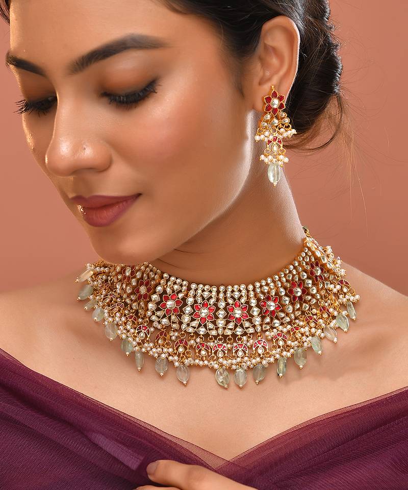 Gold plated kundan multicolor stones necklace set