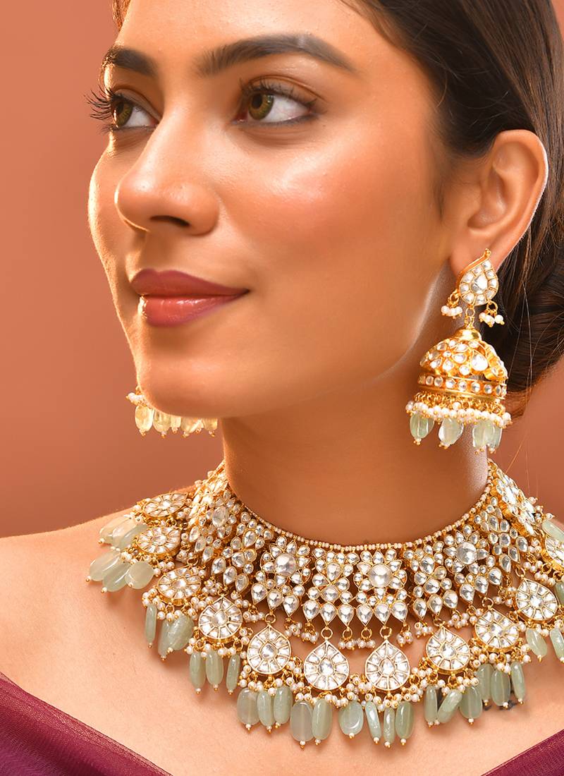 Gold plated kundan green stones necklace set