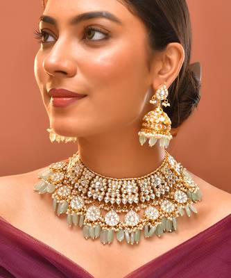 Gold plated kundan green stones necklace set 1