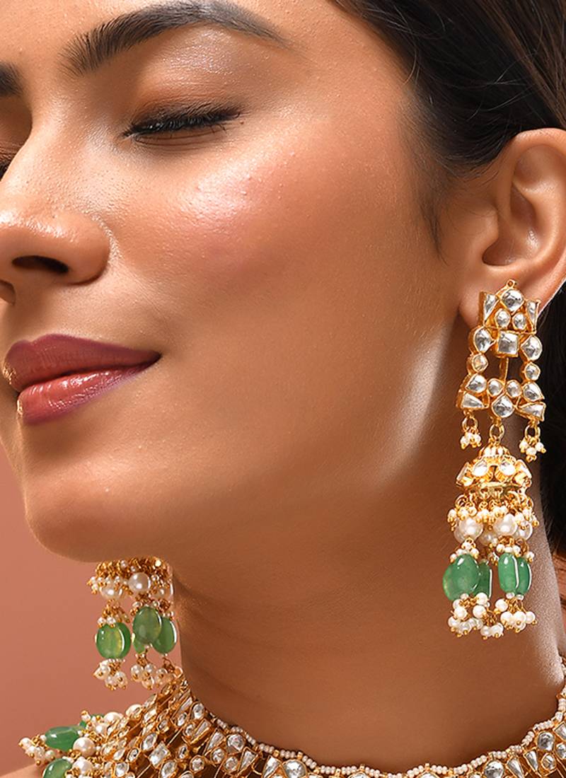 Gold plated kundan green stones necklace set