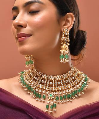 Gold plated kundan green stones necklace set 1
