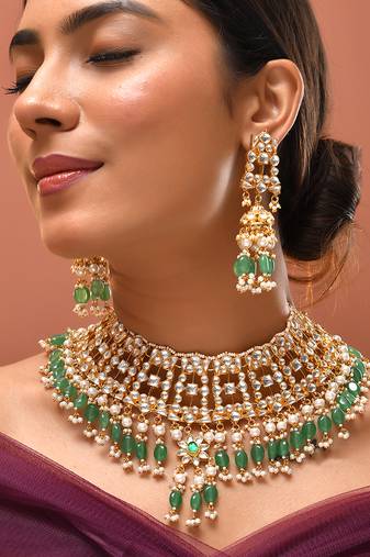 Gold plated kundan green stones necklace set