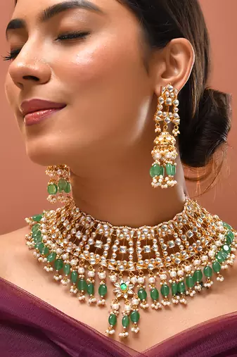 Gold plated kundan green stones necklace set