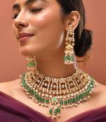 Gold plated kundan green stones necklace set