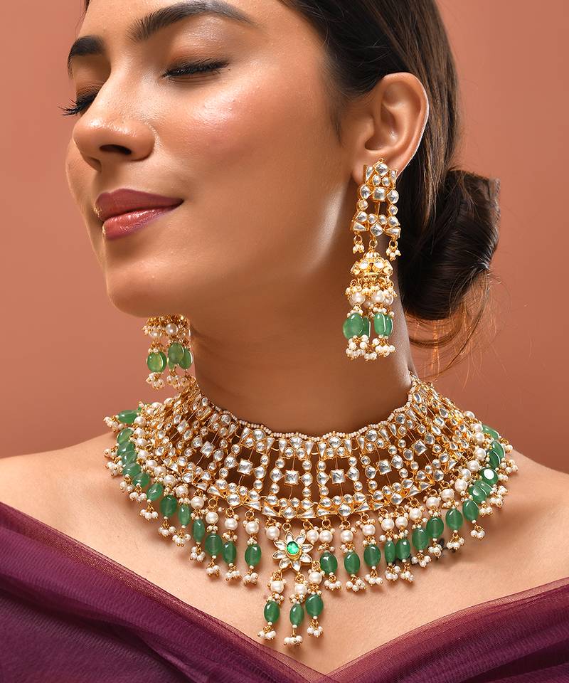 Gold plated kundan green stones necklace set